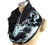 Scales of Justice Fringed Scarf, Linen-Weave Pashmina. Ice silkscreen print on black, by Cyberoptix
