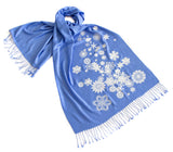 Snow Flake Scarf. Snow Print Linen-Weave Pashmina, by Cyberoptix. Cornflower blue