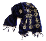 Solar & Lunar Eclipse scarf: gold ink on navy pashmina