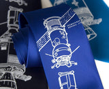 Apollo Soyuz Necktie. White ink on royal blue.