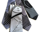 TV Test Pattern tie: black on silver; black on steel, black on dark silver, dove grey on black