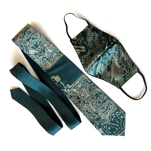 circuit board ties, pocket squares, bow ties, masks and scarves