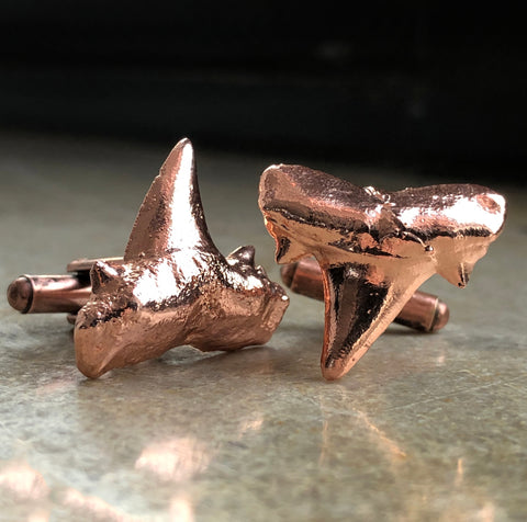 Copper Plated Fossil Shark Tooth Cufflinks, electroformed copper