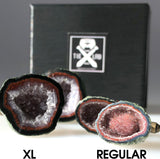 Red Moss Agate Geode Cufflinks, Amethyst Tabasco geode cuff links, size compare