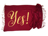 Yes print scarf, gold and burgundy