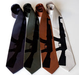 AK-47 necktie. Black on charcoal, olive, cinnamon, champagne microfiber.