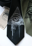 All Seeing Eye Necktie. Silver on black narrow, black on sage standard