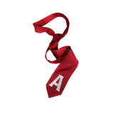 Custom printed initial necktie. Angular Block - silver on crimson.