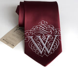 Filigree Initial Necktie, Silver print on burgundy