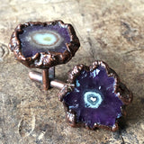 Amethyst Flower Stalactite Slice Cufflinks, electroformed copper cuff links