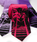 Laser Cat Necktie. Black on lavender, fuchsia, purple.