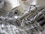 Black ink on cream silk scarf.