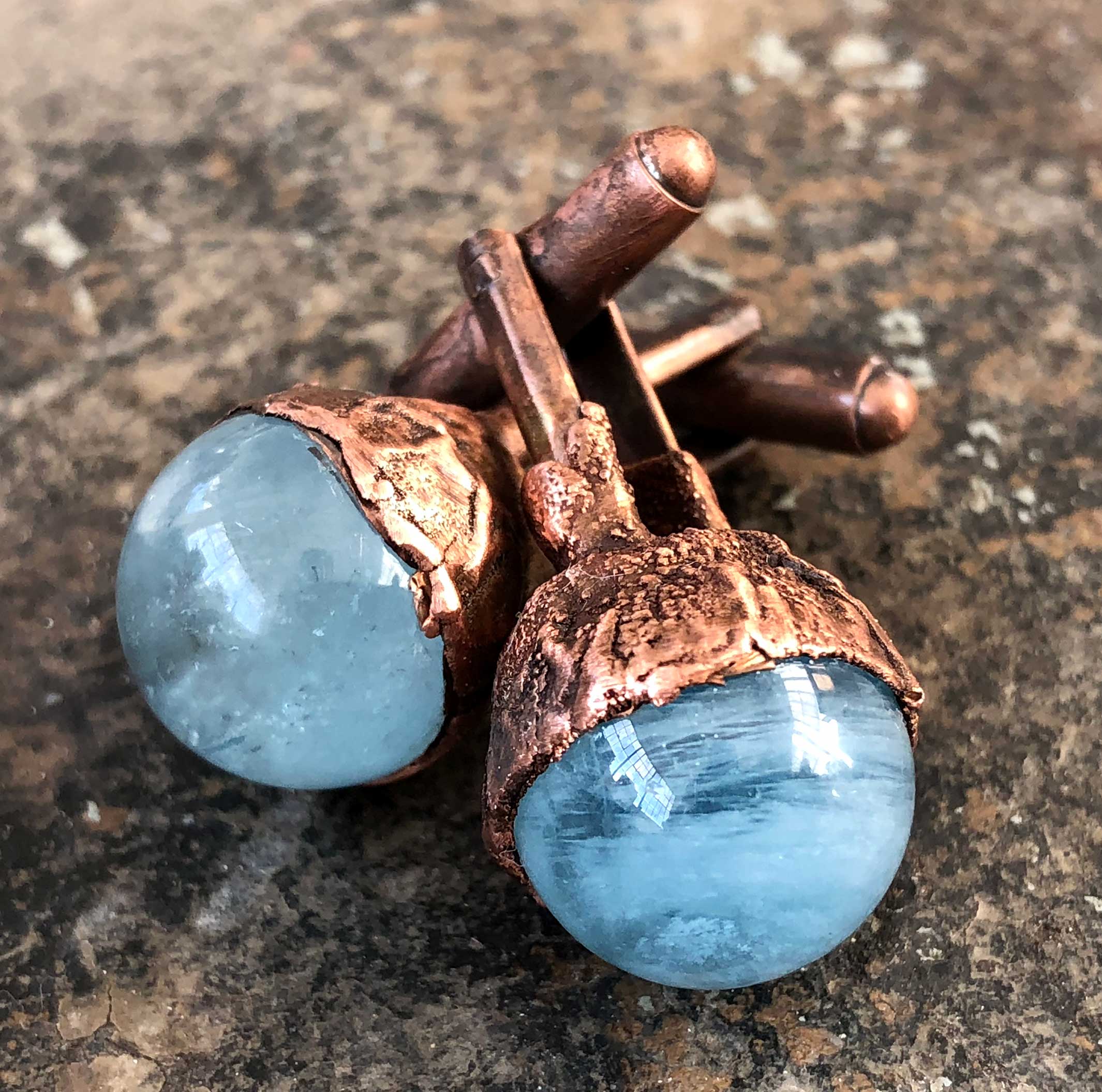 Aquamarine Sphere Cufflinks, Electroformed copper gemstone