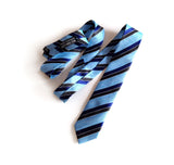 Blue diagonal striped linen + silk blend woven necktie.