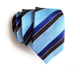 Blue diagonal striped linen + silk blend woven necktie.