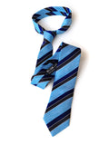 Blue diagonal striped linen + silk blend woven necktie.