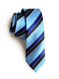 Blue diagonal striped linen + silk blend woven necktie.