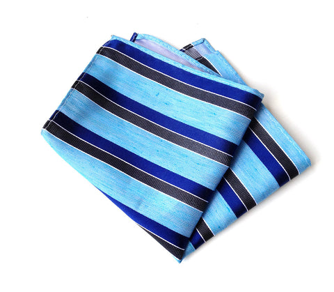 Blue Striped Linen Pocket Square. "Atwater" woven silk blend.