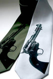 Gun Necktie. Black on olive, silver.