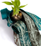 Bamboo Print Necktie. Sage on dark brown, emerald, olive.
