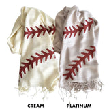 Baseball Stitching Scarves. Silkscreened cream and platinum pashminas, by Cyberoptix