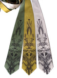 Hops and Wheat neckties. Espresso ink on sage, mustard, champagne