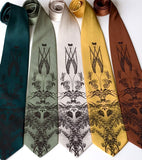 Beer ties. Espresso print on emerald, sage, cream, mustard, cinnamon.