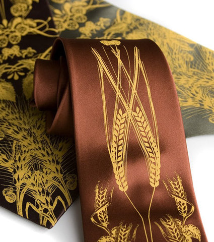 Beer Necktie. Hops & Wheat Print Silk Tie