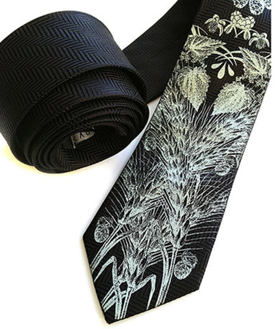Beer Necktie. Hops & Wheat Print Herringbone Silk