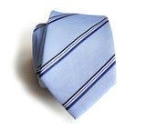 Blue diagonal striped linen + silk blend woven necktie.