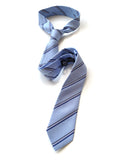 Blue diagonal striped linen + silk blend woven necktie.