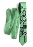 Green Bicycle Print Linen Necktie. Triple Cruiser Bike Tie, by Cyberoptix