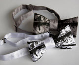 Black ink on white, silver bow tie.