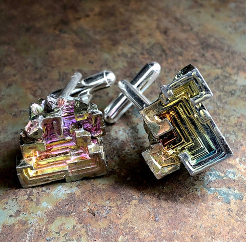 Bismuth Cufflinks, raw stone geometric crystal cuff links