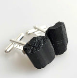 Black Tourmaline Cufflinks, rugged raw stone cuff links - silver hardware