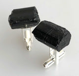 Black Tourmaline Cufflinks, rugged raw stone cuff links - silver hardware