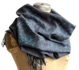 Blockchain Print Linen-Weave Pashmina, Turquoise on Charcoal, by Cyberoptix