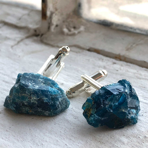 Blue Apatite Cufflinks, natural raw stone men's cufflinks