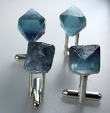 Blue Fluorite Octahedron Cufflinks, raw stone men's crystal cufflinks