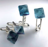 Blue Fluorite Octahedron Cufflinks, raw stone men's crystal cufflinks