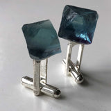 Blue Fluorite Octahedron Cufflinks, raw stone men's crystal cufflinks