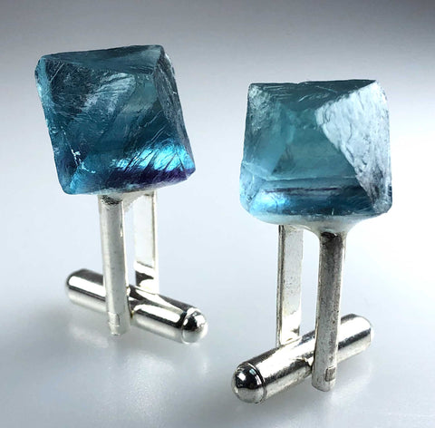 Blue Fluorite Octahedron Cufflinks, raw stone men's crystal cufflinks