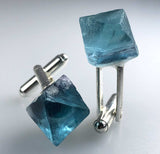 Blue Fluorite Octahedron Cufflinks, raw stone men's crystal cufflinks