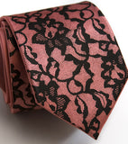 Boudoir Lace Necktie: Black on dark salmon narrow microfiber