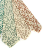 lace print silk neckties. Ivory-cream ink on mint, seafoam, peach, pale copper