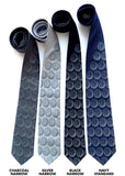 Brain necktie: Dove grey on charcoal, silver, black, navy.