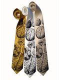 Anatomical brain necktie. Black ink on gold, white, champagne.