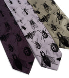Men's insect neckties: Black on charcoal, silver, sage microfiber