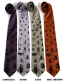 Bug ties: Black on charcoal, silver, sage, cinnamon microfiber