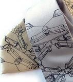 Car guy neckties. Black pearl ink on silver, cream